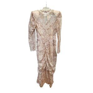 Vtg 1980s Hanky Hem Peach Lace Long Sleeve Ruche Dress Fairy Cottage Size Small